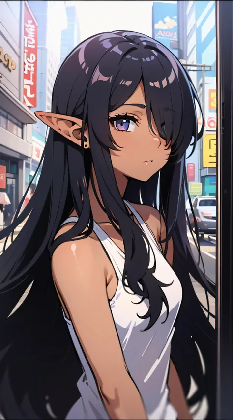 anime screen cap、darkskinned、Hair over one eye:1.5、asymmetrical bangs、Very long hair、A dark-haired、Tank Tops、elvish