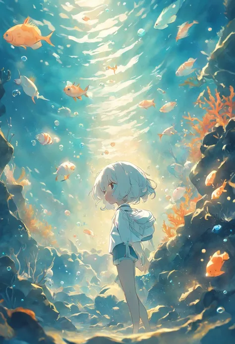 Undersea juvenile silver-haired shell house，Girl with short white hair，Colorful bubbles，a plant，Glowing small fish，Sparkling，ocean floor，( reasonable design, Clear lines, High sharpness,Best quality, Very detailed, Masterpiece, movie light effect, 4K )