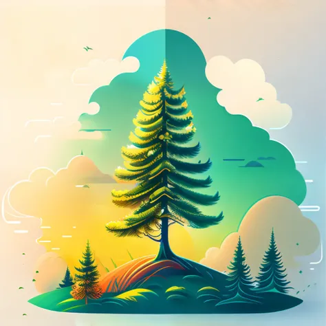 A spruce tree in springtime, t-shirt design, rzminjourney, vector art，full of life，sunraise，4K, high details, high quality