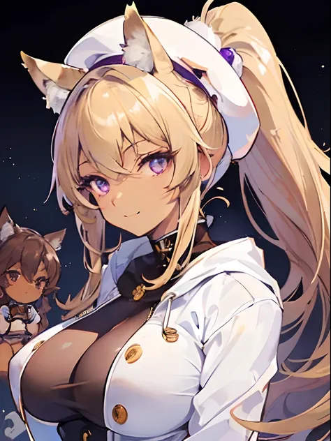 ​masterpiece、top-quality、1 mature female、(A MILF、brown skinned:1.6)、((A MILF))、(Nekomimi、a blond、poneyTail、High Ponytail:1.3)、Purple eyes、A smile、white jaket、Mini beret、a cool、makina、Delicate depiction、nightcity