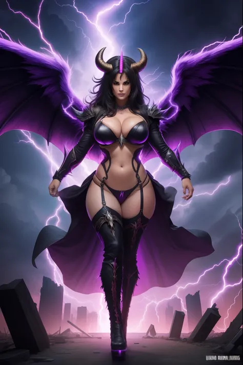 Lisa Ann as a hyper-giant, Hyper-powerful demon with a demon horn on its head and demon wings, and throws purple lightning bolts at a building, ville en ruine post apocalyptique,