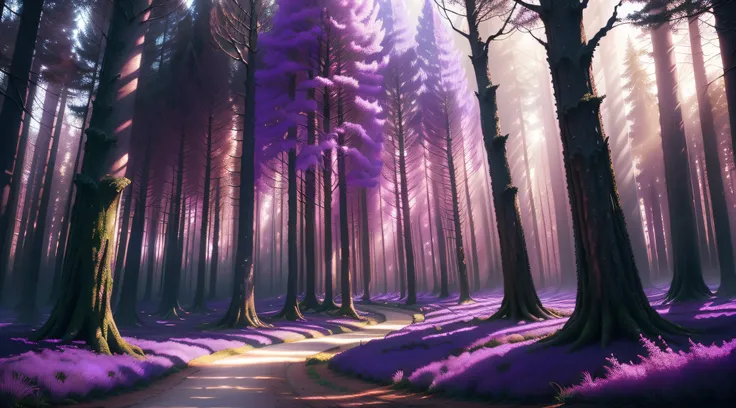 purple forest with a path leading through it, fantasy forest, magical fantasy forest, really beautiful forest, magical forest, beautiful forest, purple trees, fantasy forest landscape, magical forest in the background, a fantasy forest, ilya kuvshinov land...