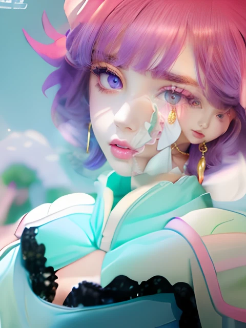 White shoulder pads、(Raised eyebrows)、Purple drooping sexy eyes、Sexy lips in dark pink color、Mint green long-sleeved clothes、purple drooping eyes with arched eyebrows and pink short splashed hair,,,,,、、Blue bustier and black lace、Gold Earrings、Girl in mint...