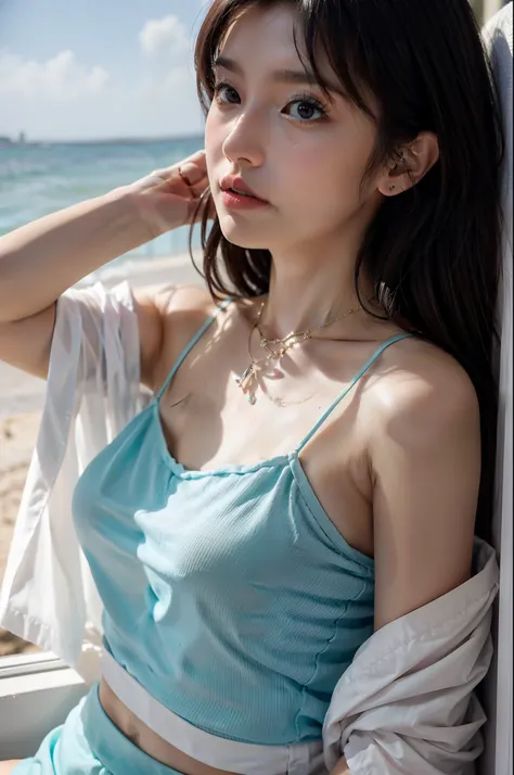 Best quality at best，Original，tmasterpiece，超高分辨率，Sweet girl，Draped with hair，Necklace necklace，camisole，medium boob，beachside，城市，healed