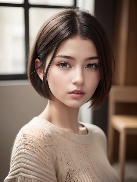 (masterpiece:1.3), (8k, photorealistic, RAW photo, best quality: 1.4), (1girl), beautiful face, (realistic face), (black hair, short hair:1.3), beautiful hairstyle, realistic eyes, beautiful detailed eyes, (realistic skin), beautiful skin, (sweater), absur...