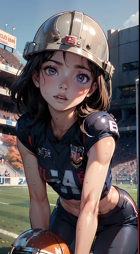 1girl,(american football helmet to face:1.5),(american football player:1.5),(bottomless:1.5),(American Football scrum pause:1.7), (American Football uniform:1.3),(small breasts⁩, tomgirl, small head)),(trained body), Daylight, Sunlight, (Chiseled abs : 1.4...