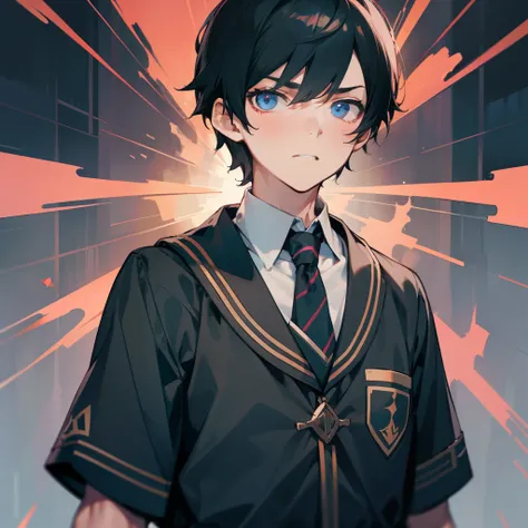 A boy with short black hair and a black school uniform，A determined expression