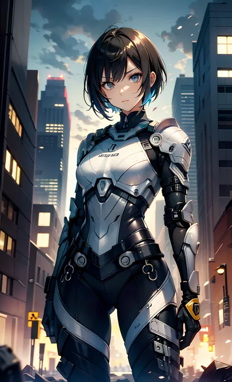 best qualityer，tmasterpiece，Ultimate resolution，downy，Extremely colorful，Colorful，Women combatants，a matural female，Black super short hair，holding gun，Tight combat suit，tightsuit，Steel City background，the night，Normal posture，Normal posture