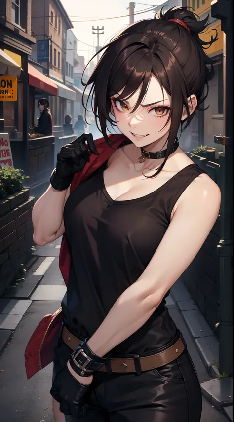 Adult woman, fangs, Orc, short brown hair, Punk hairstyle, Brown eyes, ciberpunk, The Monk of Street Fighting, brawn, smirk, Masterpiece, hiqiquality