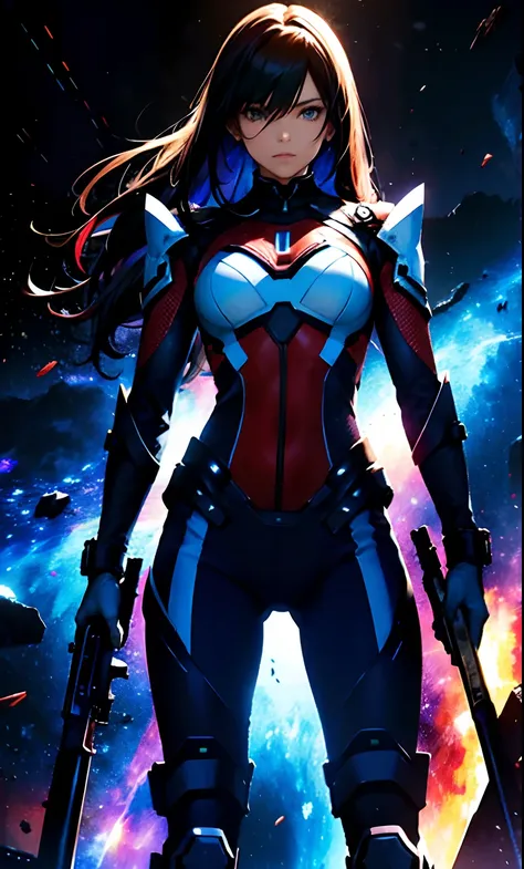 best qualityer，tmasterpiece，Ultimate resolution，downy，Extremely colorful，Colorful，Women combatants，a matural male，holding gun，Tight combat suit，tightsuit，cosmic background，the night，Normal posture，Normal posture