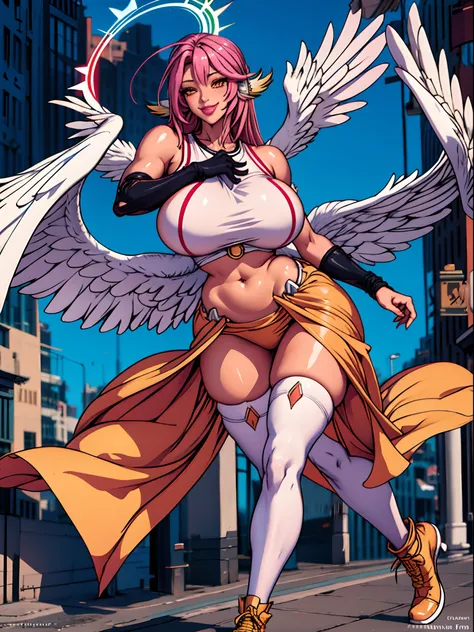 jibril 1girl, solo, long hair, breasts, sideboob, halo, pink hair, pink stocking, low wings, compass rose halo, wings, navel, book, gloves, bird ears, midriff, magic circle, asymmetrical legwear, angel, angel wings, animal ears, very long hair, yellow eyes...