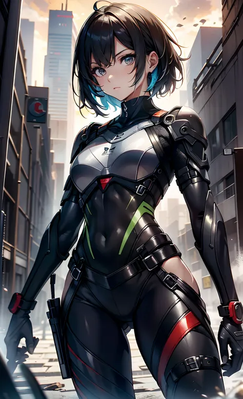 best qualityer，tmasterpiece，Ultimate resolution，downy，Extremely colorful，Colorful，Women combatants，a matural female，Black super short hair，Tight combat suit，tightsuit，Steel City background，the night，Normal posture，Normal posture