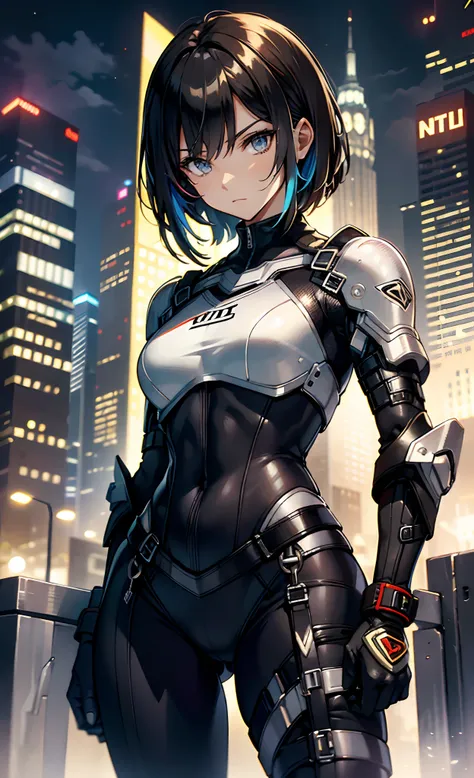 best qualityer，tmasterpiece，Ultimate resolution，downy，Extremely colorful，Colorful，Women combatants，a matural female，Black super short hair，Tight combat suit，tightsuit，Steel City background，the night，Normal posture，Normal posture