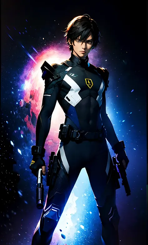 best qualityer，tmasterpiece，Ultimate resolution，downy，Extremely colorful，Colorful, men combatants，a matural male, boy solo, holding gun，Tight combat suit，tightsuit，cosmic background，the night，Normal posture，Normal posture