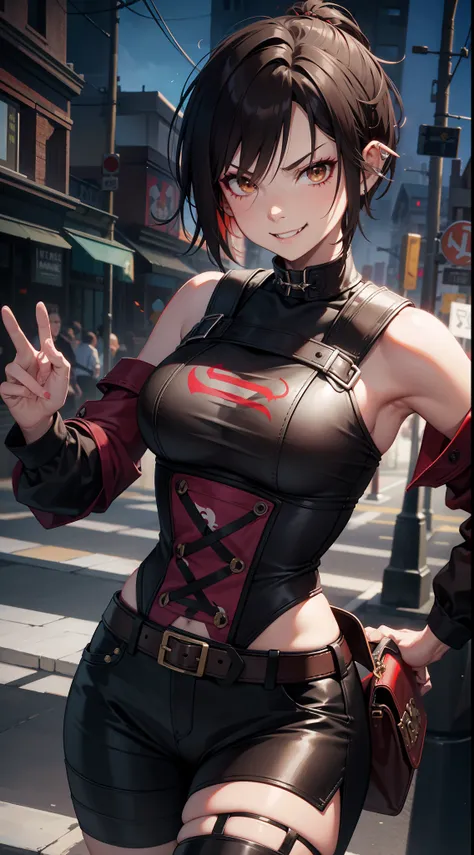 Adult woman, fangs, Orc, short brown hair, Punk hairstyle, Brown eyes, ciberpunk, The Monk of Street Fighting, brawn, smirk, Masterpiece, hiqiquality