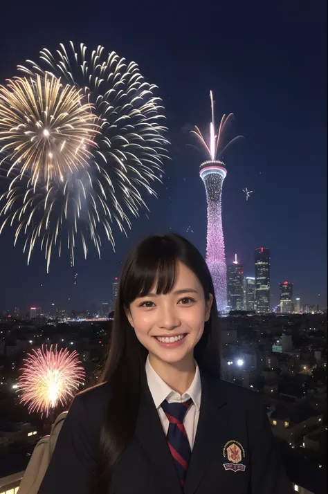 A smile、hi-school girl、校服、While doing fireworks、mare、Tokyo Skytree