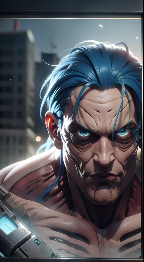 imagine "giant franky" in "attack on titan": his mechanical prowess shines as he zooms in. towering with his cyborg form and wei...