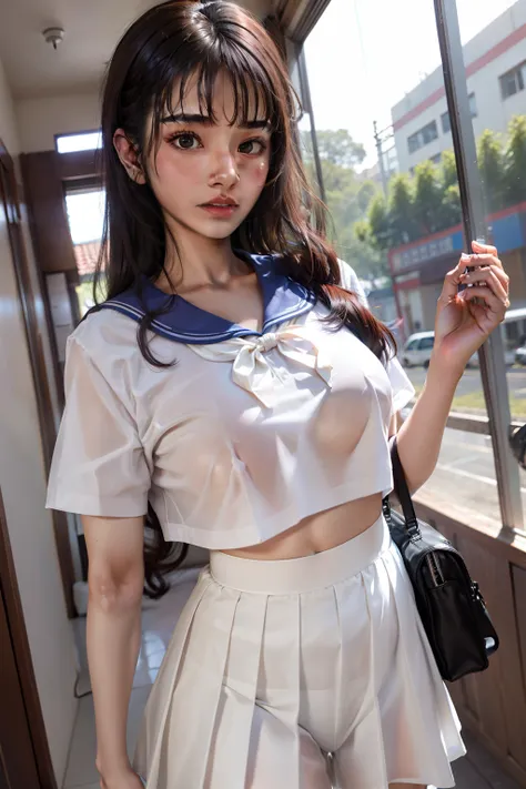 18yo indian girl wearing transparent jk school uniform made of plastic which shows her boobies