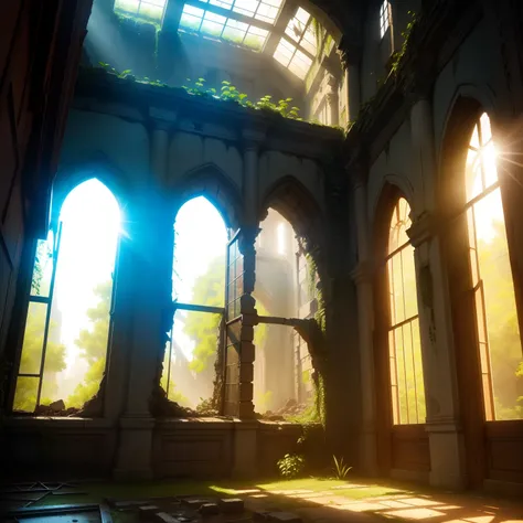 Sunlight shining through a broken window in the ruins、Beautiful plants standing by your side