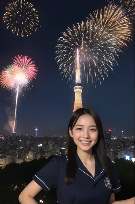 A smile、hi-school girl、校服、While doing fireworks、mare、Tokyo Skytree