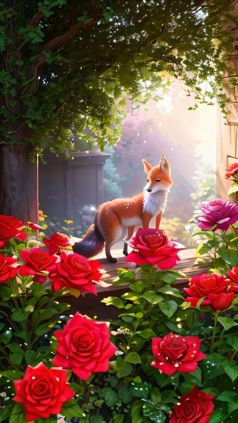 On the windowsill in the garden stands a fox, fantasy fox love, Cute fox, radiant morning light, ethereal fox, Beautiful digital artwork, miniature fox, lovely digital painting, Beautiful wallpaper, fox animal, amazing wallpapers, Very Beautiful Digital Ar...