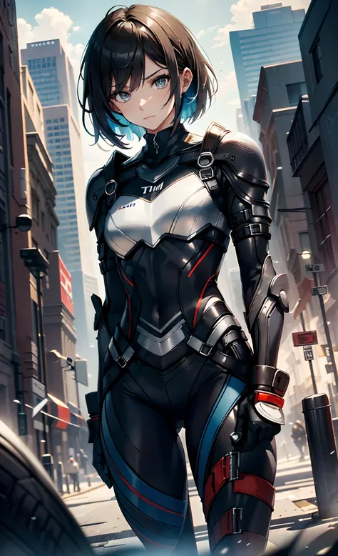 best qualityer，tmasterpiece，Ultimate resolution，downy，Extremely colorful，Colorful，Women combatants，a matural female，Black super short hair，Tight combat suit，tightsuit，Steel City background，the night，Normal posture，Normal posture