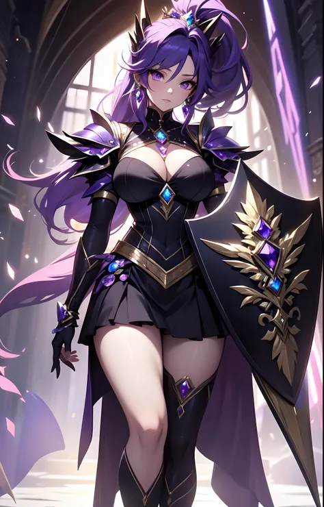 best qualityer，tmasterpiece，Ultimate resolution，downy，Extremely colorful，Colorful，Lady Knight，Royal Sister，Blue-purple armor skirt，Full body set with gemstones，amethyst，huge tit，（Short thin purple hair，High ponytail），Shield set with precious stones，jewelry...