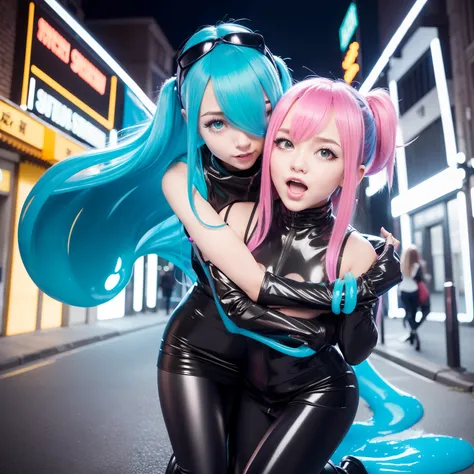 masutepiece,A hyper-realistic,32K,the Extremely Detailed CG Unity 8K Wallpapers, Best Quality,2 women, Hugging,Rainbow Color Latex Classic Slime Clothing,Colorful slime clothes,Deep Turtleneck,rainbow slime gothic lolita slime clothing,Black bob hair,Silve...