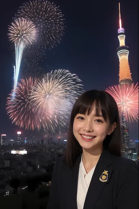 A smile、hi-school girl、校服、While doing fireworks、mare、Tokyo Skytree