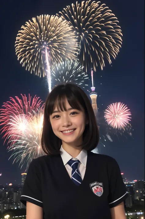 A smile、hi-school girl、校服、While doing fireworks、mare、Tokyo Skytree