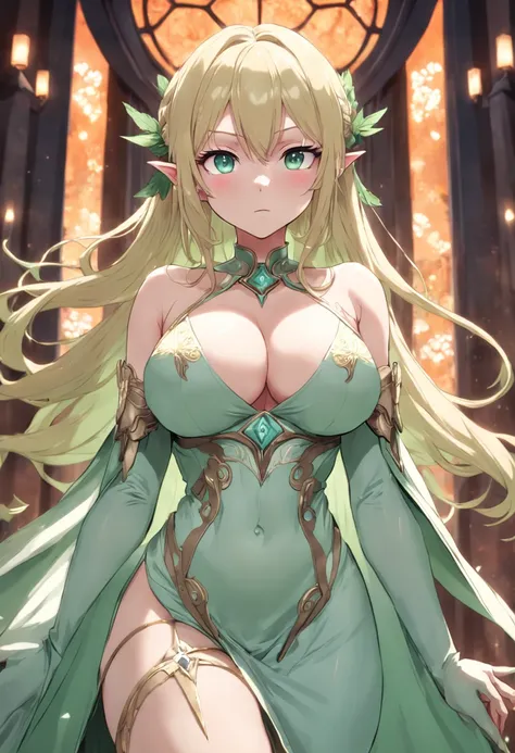 age30,mature,anime,elf,woman,blonde,tall,SFW busty,voluptuous,SFW huge breasts,curvy,intricate detailed long dress,mint green eyes