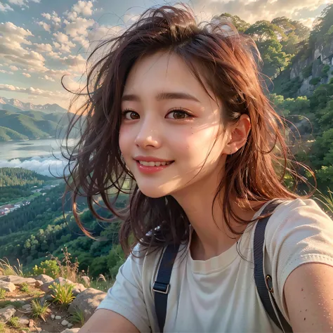 (Best Quality, hyper realistic photography), Magnificent mountain, sea of clouds, A woman watching the sunset, selfee, ((UPPER BODY)), white t-shirts, Trekking shorts, trekking boots, rucksack,  (ultra delicate face, ultra Beautiful fece, ultra delicate ey...