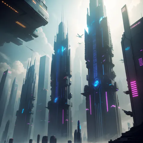 cyberpunked　futuristic cities　Beautiful world　Skyscrapers towering above the ground　top-quality　​masterpiece　超A high resolution　Sci-Fi Art