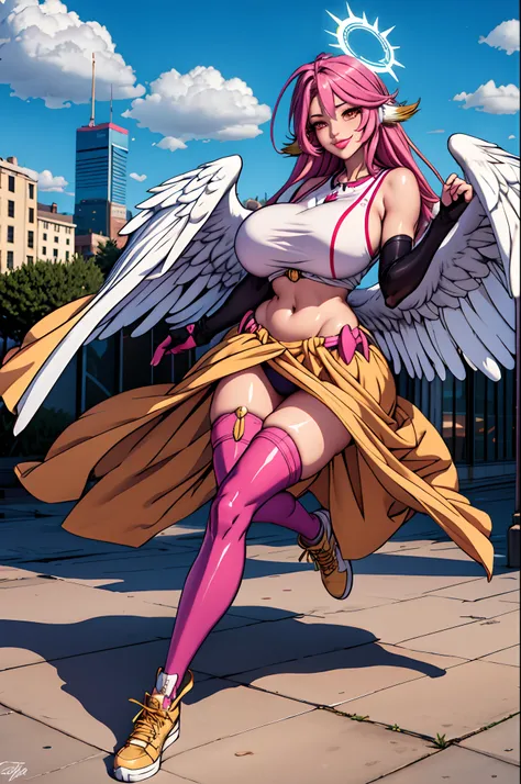 jibril 1girl, solo, long hair, breasts, sideboob, halo, pink hair, pink stocking, low wings, compass rose halo, wings, navel, book, gloves, bird ears, midriff, magic circle, asymmetrical legwear, angel, angel wings, animal ears, very long hair, yellow eyes...