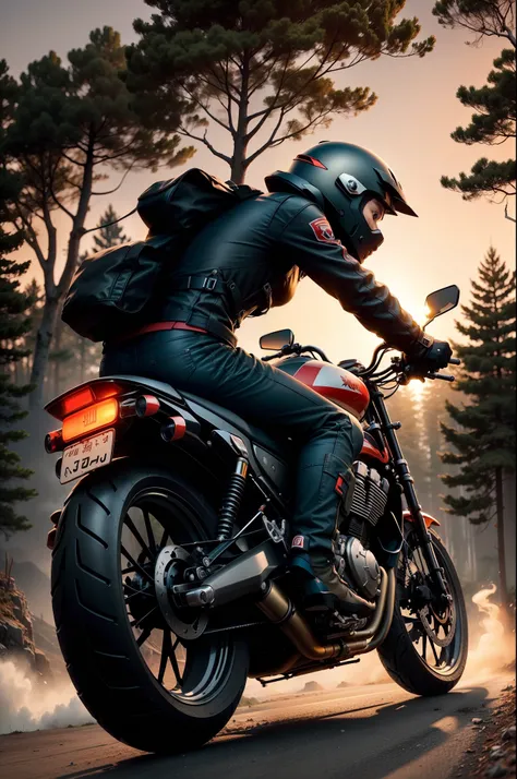 Motorcycles speeding on slopes，The silhouette reflects the red and black tones，The sunset in the dense forest，Calm on the grass。