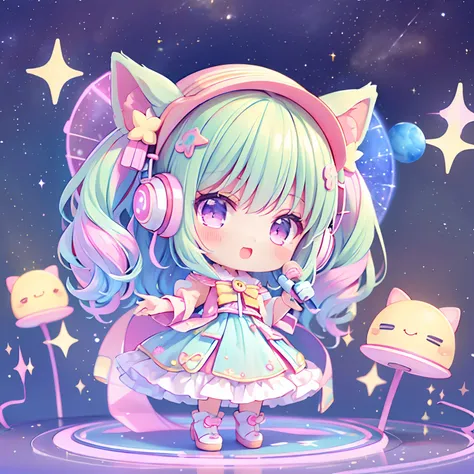 (Chibi), Idol, Singing in a space scene, Kawaii Tech, kawaii, Cute, Pastel colors, Best Quality, Happy, scifi