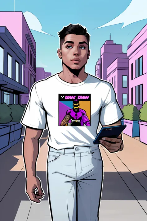 perspective,transgender man looking at phone, wearing a shirt, outside, daytime, comic book style, flat shaded, prominent comic book outline linework