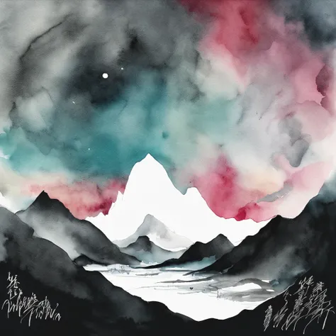 A mountain on white paper expressed only by shades of ink々and a sea of clouds and a moonlit night、Pale touch、ink and watercolor painting