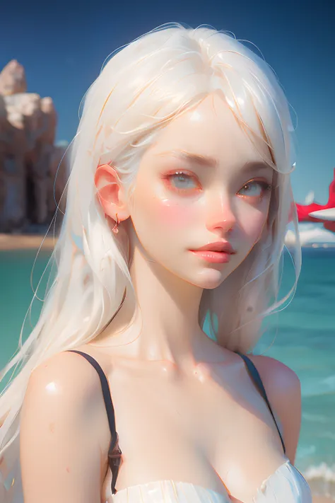 blond girl with white hair and big breasts on the beach, artwork in the style of guweiz, detailed digital anime art, smooth anime cg art, realistic anime 3 d style, kawaii realistic portrait, realistic anime artstyle, photorealistic anime girl render, anim...