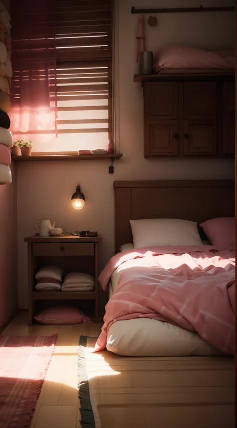 Pink light is leaking from the right side、Scruffy bed