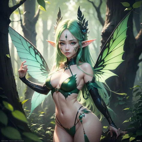 Full Body Portrait, Forest Elf, (Best Quality, 8K, Masterpiece: 1.3), Green Hair, Petite Body, (Beautiful and Detailed Eyes), (Super Detail), (Desktop Wallpaper), (Detailed Face), Ray Glow, Optical, Panoramic Illumination, Atmospheric Perspective, Dawn, An...