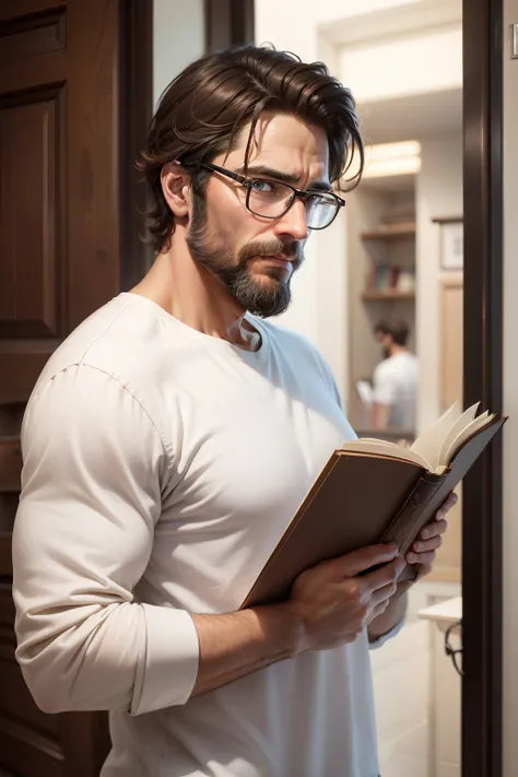 Man, serious, 47 years old, with beard, kind look, brown eyes, wearing old glasses, white clothes, holding a book, quiet place)