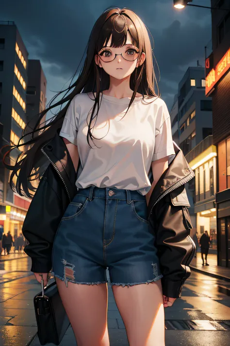 shorts, oversized shirt, (high resolution, best quality), oversized cloth, pedestrian road, (round glasses), close up, brown hair, (small breasts, flat chest), long hair, young adult, rain, night sky, thick thighs, feet, thigh shot, translucent clothing, c...