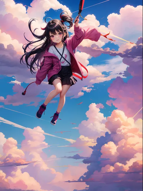 Purple and red sky、cumulonimbus clouds、End of summer、Cute little girl flying in the sky hanging on helicopter、Black straight hair、fantasy city