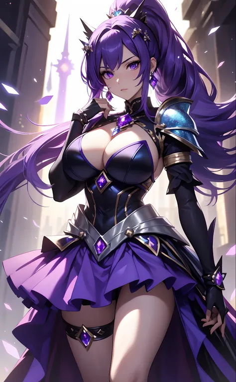 best qualityer，tmasterpiece，Ultimate resolution，downy，Extremely colorful，Colorful，Lady Knight，Royal Sister，Blue-purple armor skirt，Full body set with gemstones，amethyst，huge tit，（Short thin purple hair，High ponytail），Shield set with precious stones，jewelry...