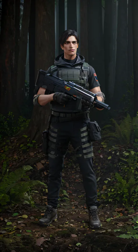 there is a man in a black outfit holding a rifle in the woods, ingame image, holding pdw, holding a mp7, full - body portrait of a ranger, unreal 5. rpg portrait, full body shot hyperdetailed, 3 d render of jerma 9 8 5, looks like jerma985, male soldier in...