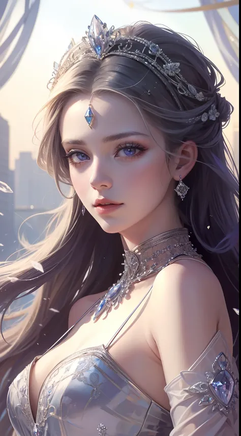 tmasterpiece，Highest high resolution，Dynamic bust of beautiful royal lady，Long silver hairstyle，Purple clear eyes，The hair is covered with beautiful and delicate floral craftsmanship, Crystal jewelry filigree，Ultra-detailed details，upscaled。