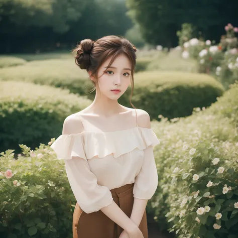 An award winning photography, 1 girl solo, editorial fashion photo, a Beautiful Japanese woman, layered buns hair, brown color hair, natural makeup, glossy lips, wearing open off shoulder blouse, wearing parachute pants, boots, at flower garden, natural li...