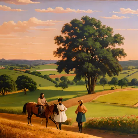 pintura de um casal de pessoas andando a cavalo por uma estrada de terra, country landscape, inspirado em John Frederick Herring, Ir.., Hildebrandt, no campo, Summer landscape, inspirado em Christoffer Wilhelm Eckersberg, summer afternoon, nos vastos campo...