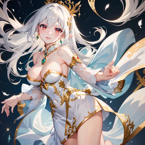 (opulent,detail-rich:1.5) Artistic painting,1 woman,White hair like snow,Scattered on her shoulders，The red eyes shone with a mysterious light。She smiled and showed off her charming smile，She wore a shirt as white as snow，The lower body is a short light sk...